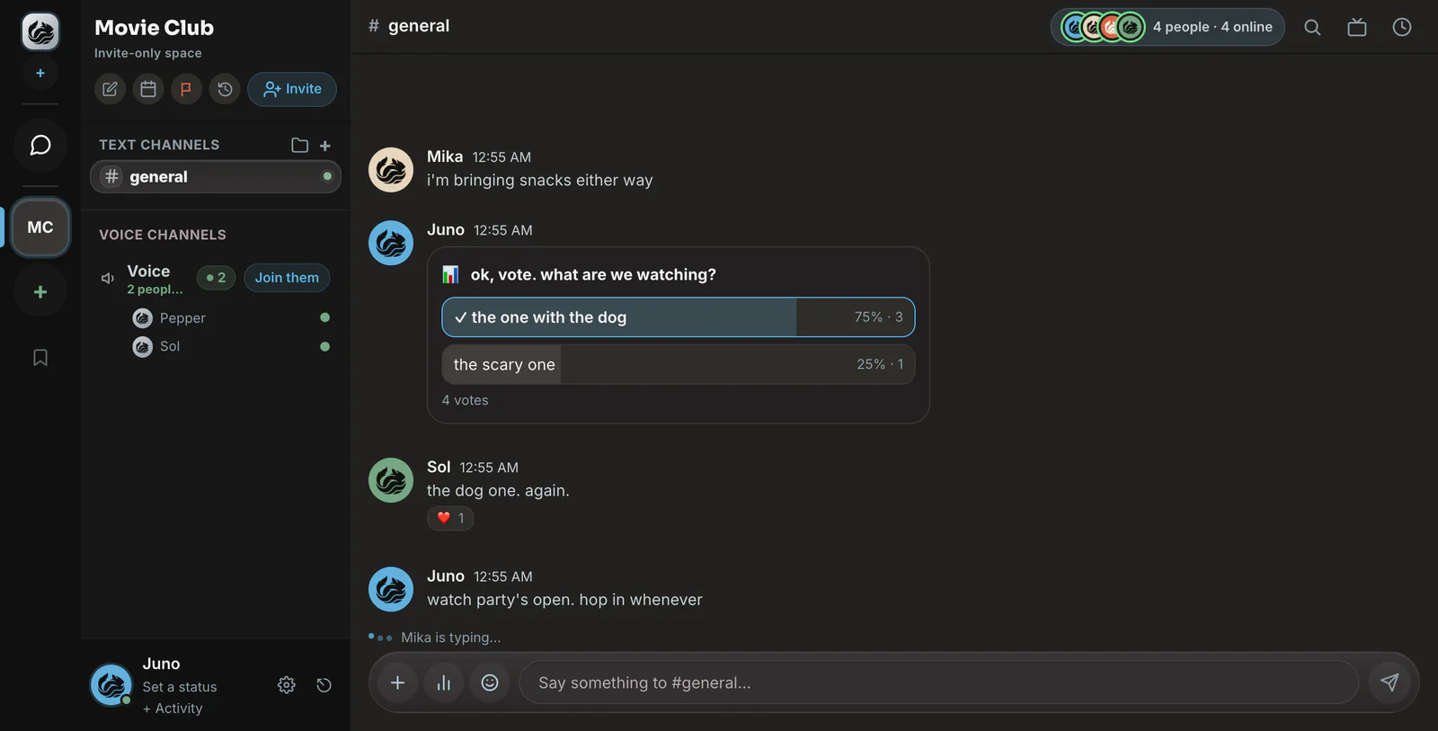 Ohiyo open in a browser. Four friends in a space called Movie Club are voting on tonight's movie in the general channel, and two of them are already in the voice room.