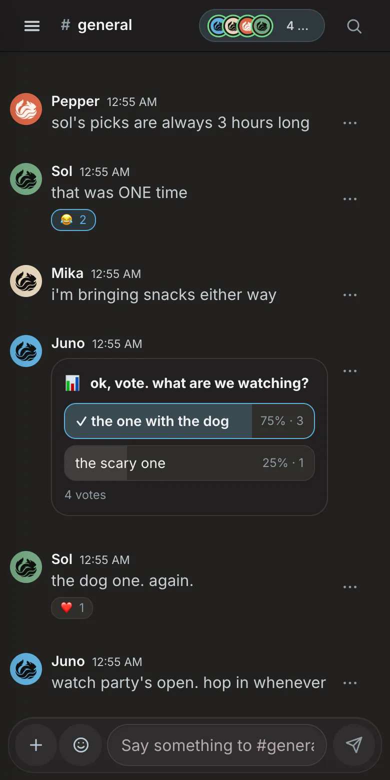 The same chat on a phone, with the poll and everyone's votes.